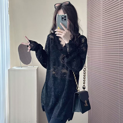 黑色蕾丝罩衫女宽松长款打底衫