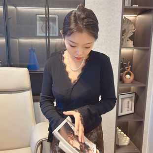 打底内搭蕾丝衫 性感收腰绑带黑色上衣 v领女花边袖 开叉设计感修身