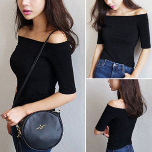 显瘦外穿性感别致露肩莫代尔打底 短款 一字肩上衣短袖 T恤女夏新款