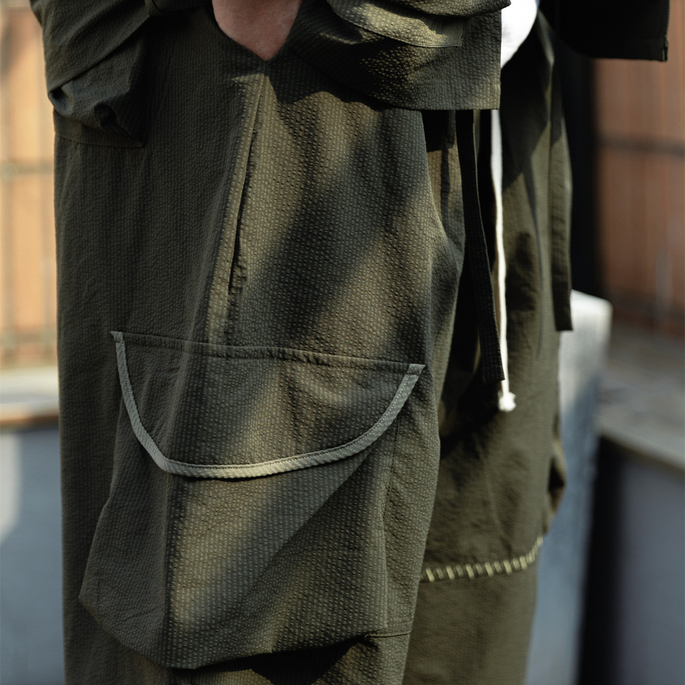 backbone九分刺绣复古泡泡纱长裤