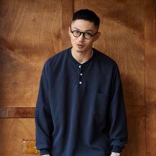 做旧 宽松复古日系长袖 BackBoneSeven 华夫格亨利领落肩T恤polo衫