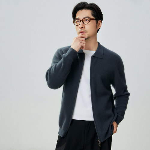 100%山羊绒男士POLO领拉链开衫