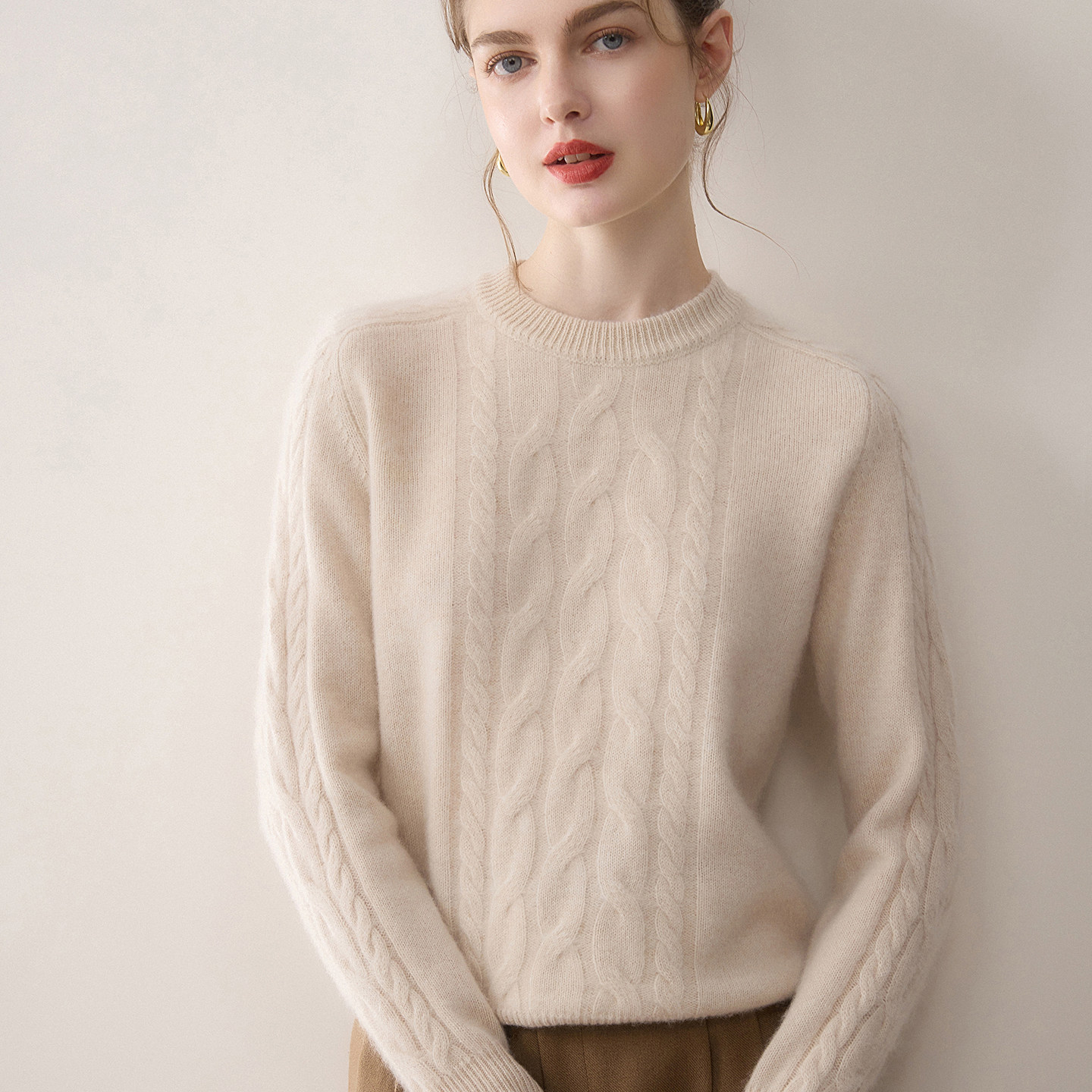 康赛妮七针加厚圆领麻花山羊绒衫女宽松显瘦针织毛衣百搭打底上衣,女装/女士精品,羊绒衫,淘宝优惠券,粉丝福利购,淘宝优惠卷