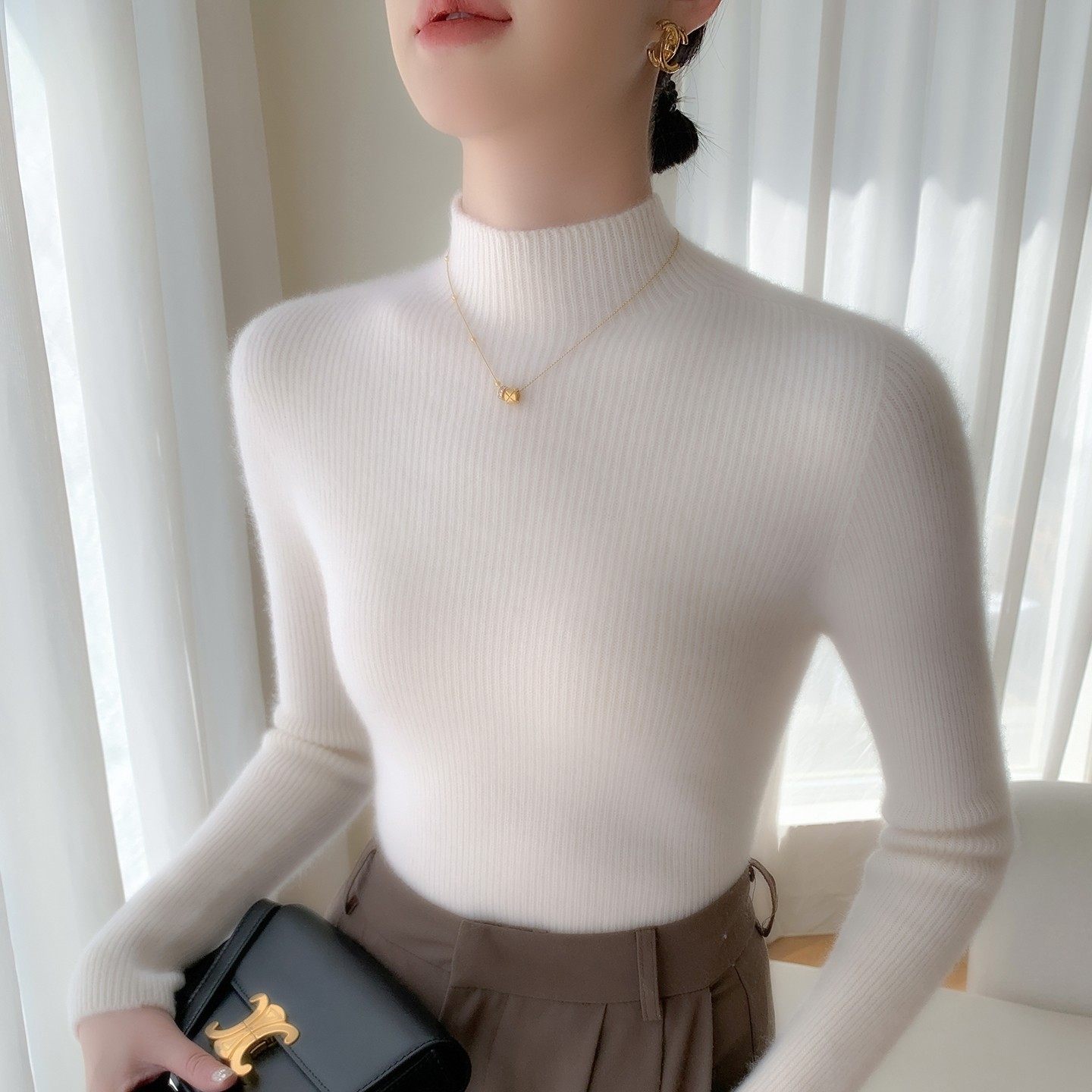 七针半高领羊绒衫女秋冬季加厚修身显瘦打底毛衣高级感针织衫上衣