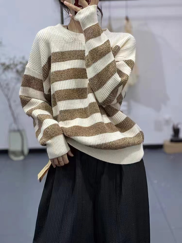 彩色条纹毛衣女慵懒风2025秋冬新款圆领文艺休闲宽松加厚针织上衣