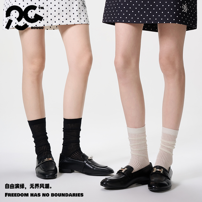 极简主义|白色棉夏天中筒堆堆袜子女竖条纹夏季薄款2024新款爆款