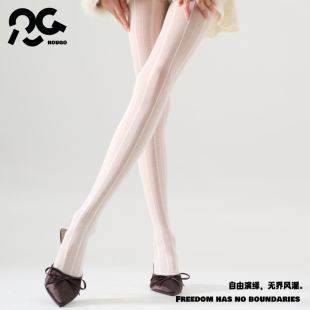 Rougo罗口白色超薄款 袜精致百搭条纹丝袜女0d 防勾丝春夏性感连裤
