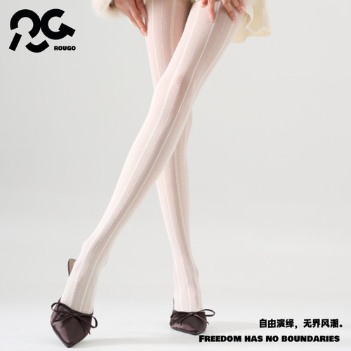 Rougo罗口白色超薄款防勾丝春夏性感连裤袜精致百搭条纹丝袜女0d
