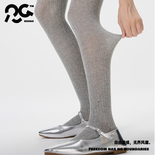 Rougo灰色坑条棉连裤袜竖条纹丝袜女春秋款打底裤袜防勾丝不掉裆