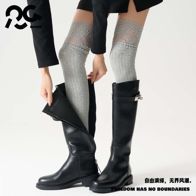 Rougo罗口白色蕾丝花边过膝竖条纹长筒袜过膝袜子女春秋薄款少女