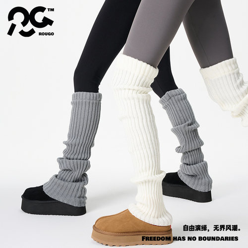 Rougo罗口70cm灰色长筒堆堆针织袜套过膝袜子女秋冬护膝腿套保暖
