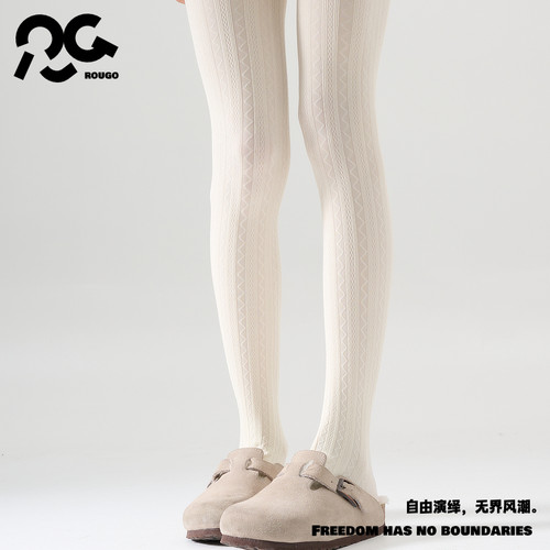 Rougo罗口白色天鹅绒条纹打底袜女春秋薄款连裤袜防勾丝提花丝袜