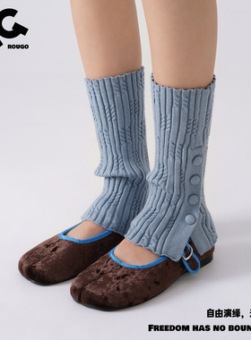 叠穿普拉提袜套堆堆袜子女秋蓝色纽扣针织修饰腿型瑜伽y2k开叉