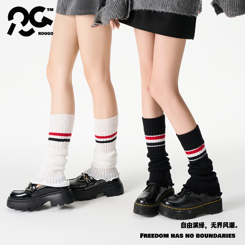 TB女孩｜黑色针织袜套秋冬白色中筒腿套保暖堆堆袜子女春秋款条纹