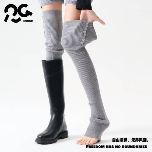 Rougo罗口miu系长筒纽扣条纹袜套
