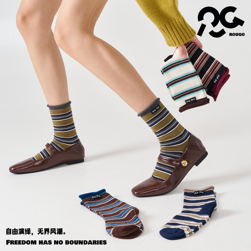 Rougo罗口女棉卷边中筒袜