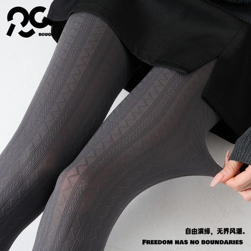 Rougo罗口灰色天鹅绒条纹打底袜女春秋薄款连裤袜防勾丝提花丝袜