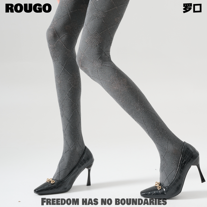 Rougo罗口时髦菱形格直角跟名媛灰色连裤袜子女打底袜春秋薄款