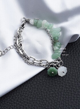 女生钛钢绿东陵碎石国潮手链双层