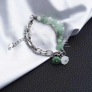 新中式绿东陵玉碎石拼接钛钢手链女潮流饰品原创设计金属双层手环