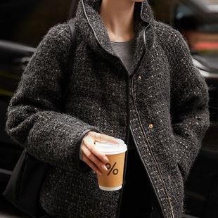 碎金鹅绒服 羊毛马海毛95白鹅绒小香风 立领粗花呢羽绒服外套冬季