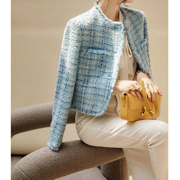 高定羊毛小香风外套春秋新款2026春款女装短款粗花呢蓝色上衣