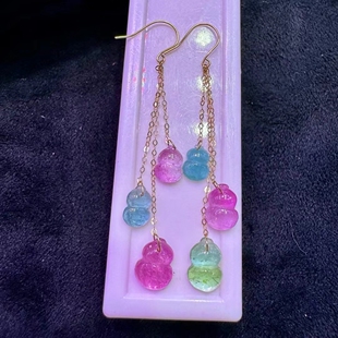 碧玺葫芦耳坠18K纯金耳钩大师设计老矿冰种天然水晶饰品碧玺耳环