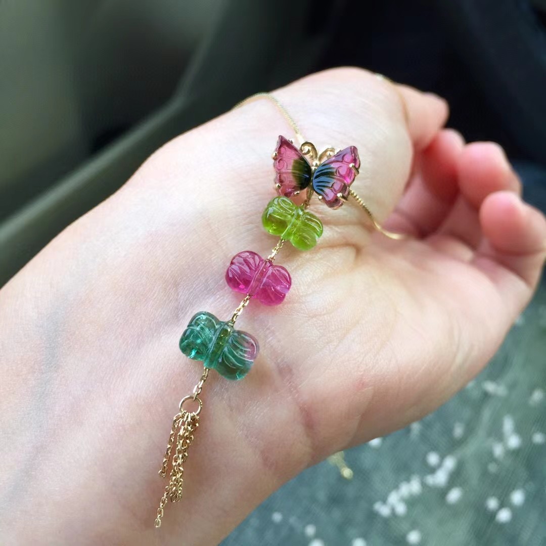 碧玺蝴蝶莲花珠吊坠男女大师设计老矿天然水晶饰品坠子18K金镶嵌