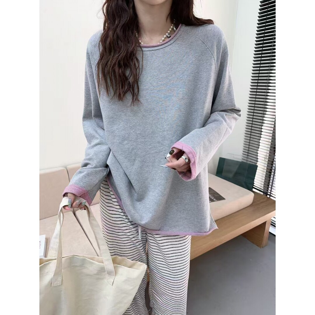 实拍春秋新款韩系设计感百搭休闲别致撞色卷边拼接宽松大码卫衣女