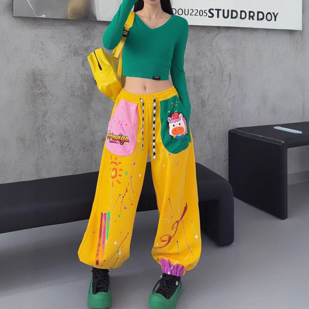 拼色口袋2026春新款洋气个性彩绘涂鸦宽松卫裤女松紧腰抽绳束脚裤,女装/女士精品,卫裤,淘宝优惠券,粉丝福利购,淘宝优惠卷