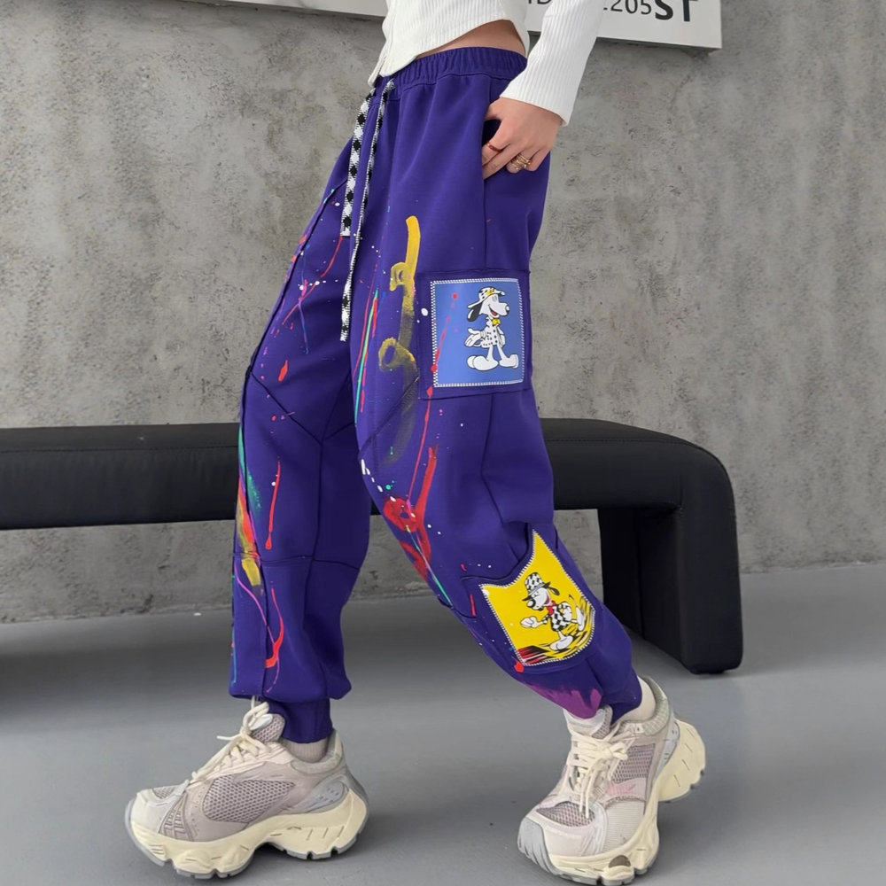 2026春季新款洋气个性彩绘涂鸦宽松卫裤女松紧腰抽绳束脚哈伦裤子,女装/女士精品,卫裤,淘宝优惠券,粉丝福利购,淘宝优惠卷