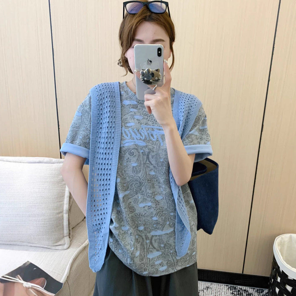 多巴胺腰果花披肩短袖T恤女2025秋新款卷边袖宽松洋气假两件上衣