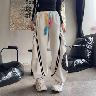 男女宽松街舞束脚运动裤 美式 休闲春秋季 裤 子 条纹字母G大口袋工装