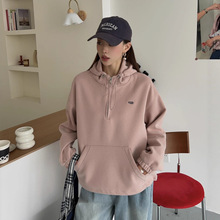 韩版半拉链连帽卫衣女秋季新款慵懒风宽松刺绣休闲长袖外套上衣