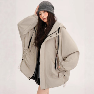 美式夹棉工装冲锋衣棉服外套女防风宽松秋冬季兜抽绳加棉加厚夹克