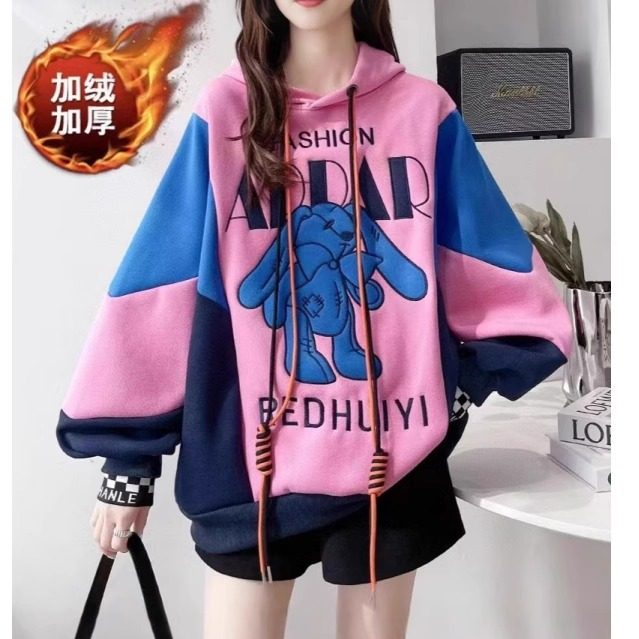 拼接撞色卡通刺绣加绒加厚连帽卫衣女2024新款秋冬宽松学院风外套