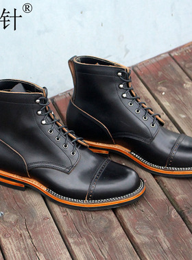 勤针手工男鞋植鞣皮圆头工装靴复古咔叽男靴Stich down工艺牛皮底