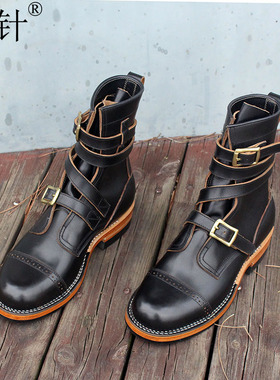 勤针男鞋Stich down工艺马丁靴男鞋头层植鞣皮高帮鞋户外工装靴子
