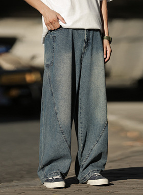 日系cityboy宽松直筒阔腿裤休闲复古水洗蓝色牛仔长裤男士休闲裤
