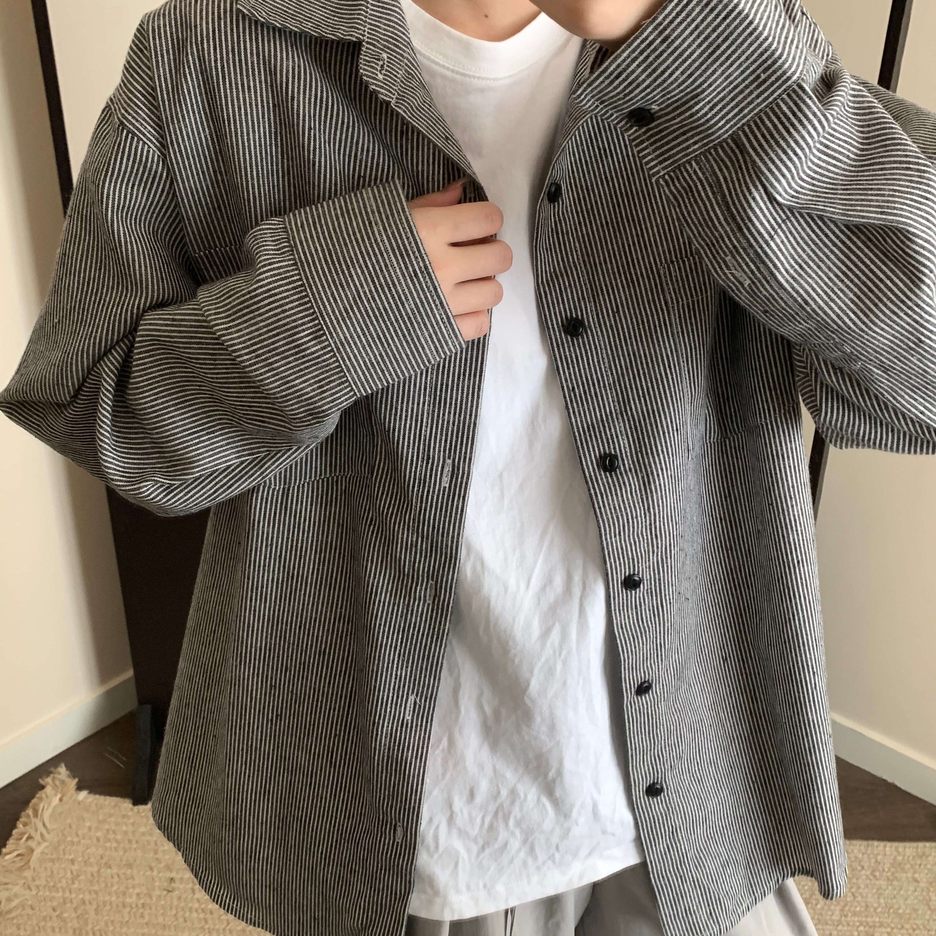 日系复古条纹长袖衬衫男秋季简约慵懒风宽松廓形休闲大码衬衣外套