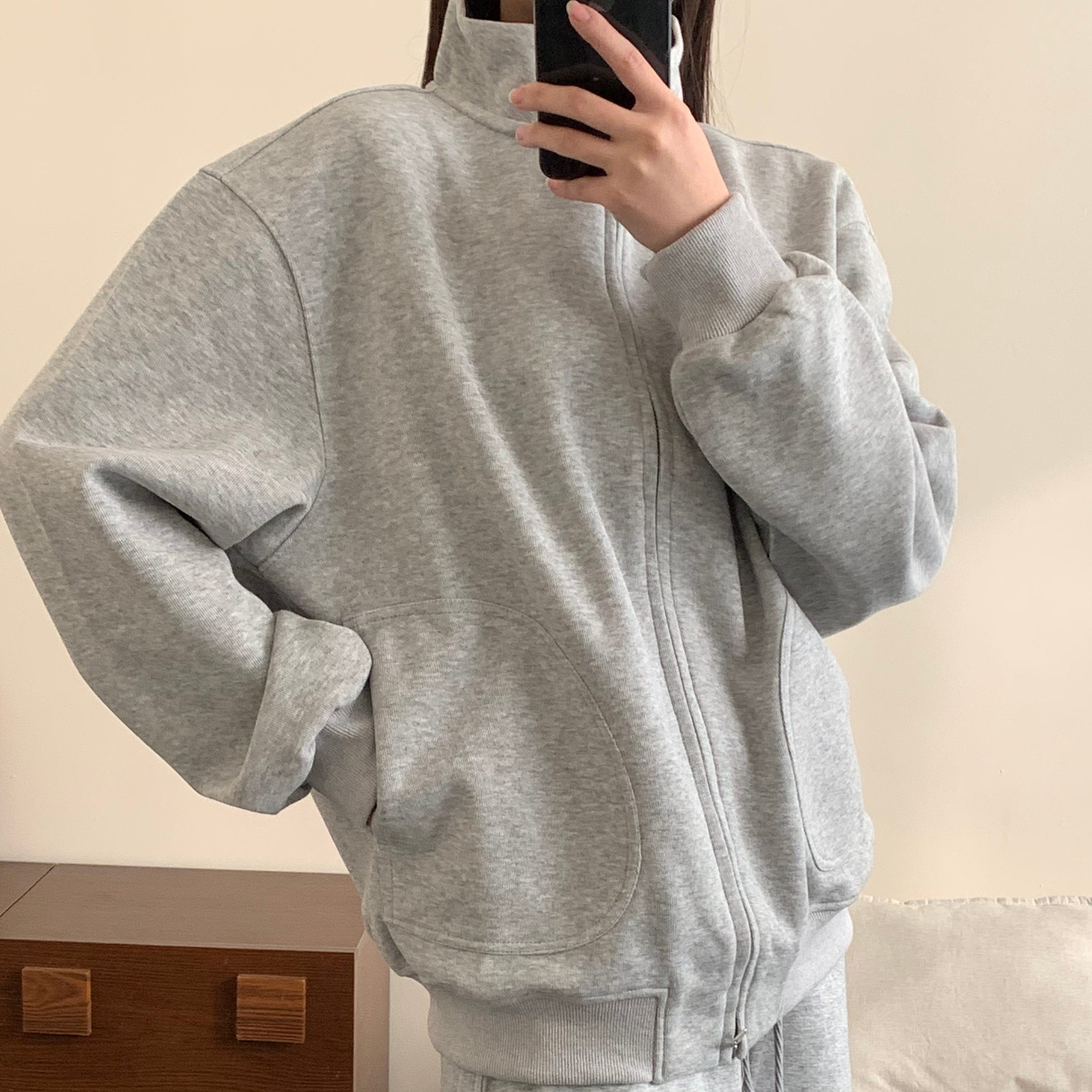 2026春季重磅灰色立领卫衣男女款中性风运动休闲宽松拉链开衫外套