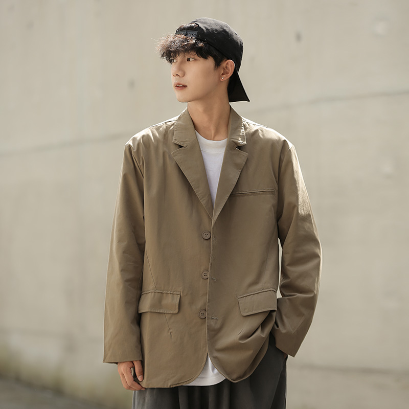 日系复古高级感纯棉西服外套男女潮流宽松休闲工装多口袋西装夹克