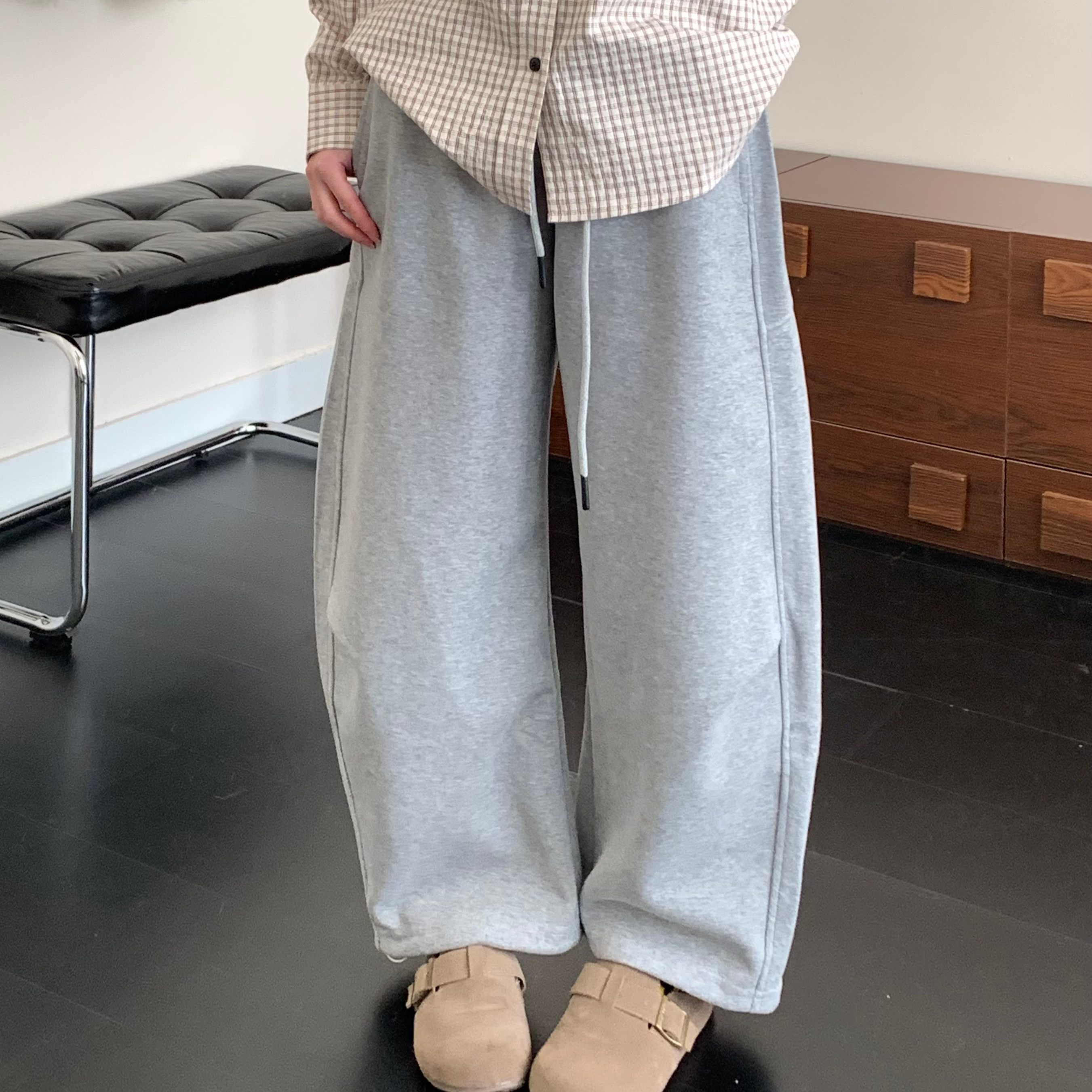 2026春季日系复古中性风灰色弯刀卫裤男女款宽松休闲百搭阔腿长裤