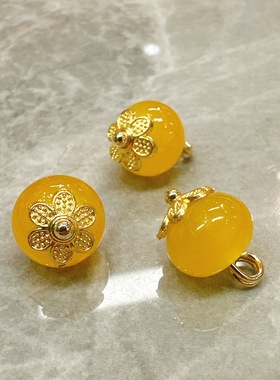 10mm国风黄色扁珠花托纽扣旗袍扣盘扣头新中式仿玉复古扣子皮草