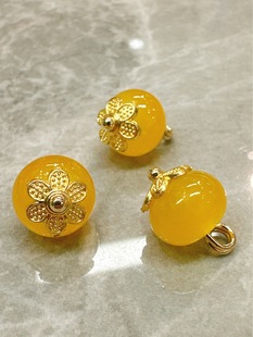 10mm国风黄色扁珠花托纽扣旗袍扣盘扣头新中式仿玉复古扣子皮草