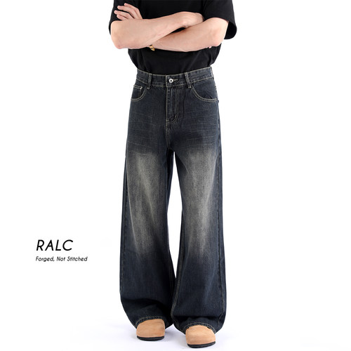 RALC复古做旧扎花阔腿牛仔裤