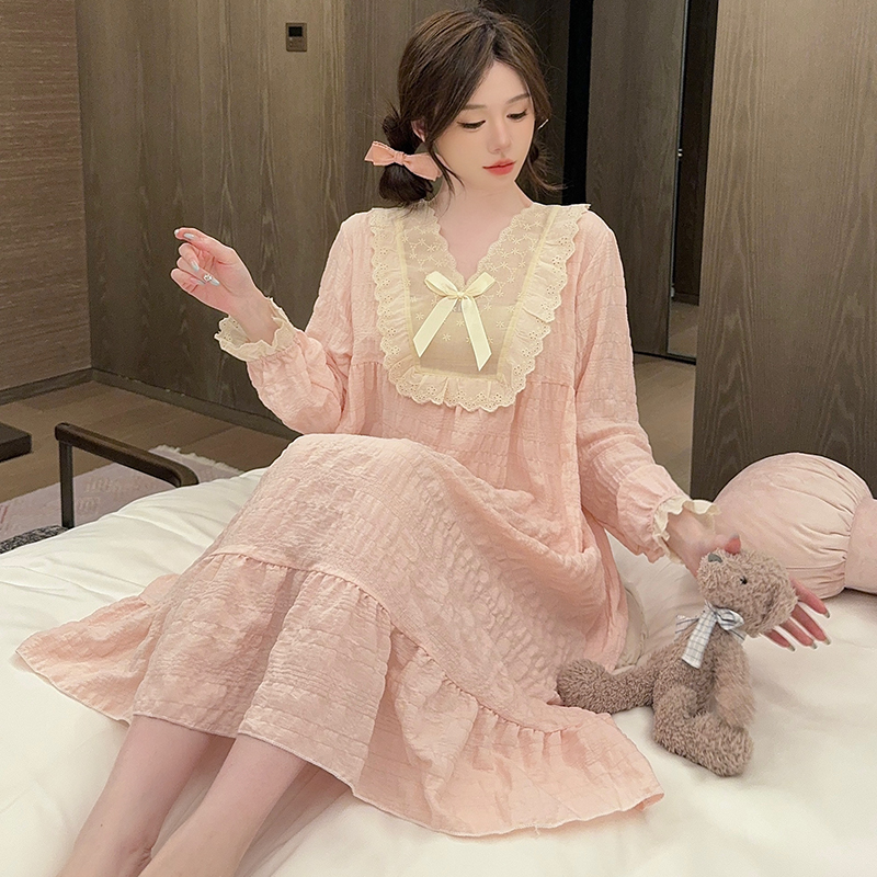 春秋季新款睡衣女云朵棉甜美长袖中长宽松睡裙加大码家居服可外穿