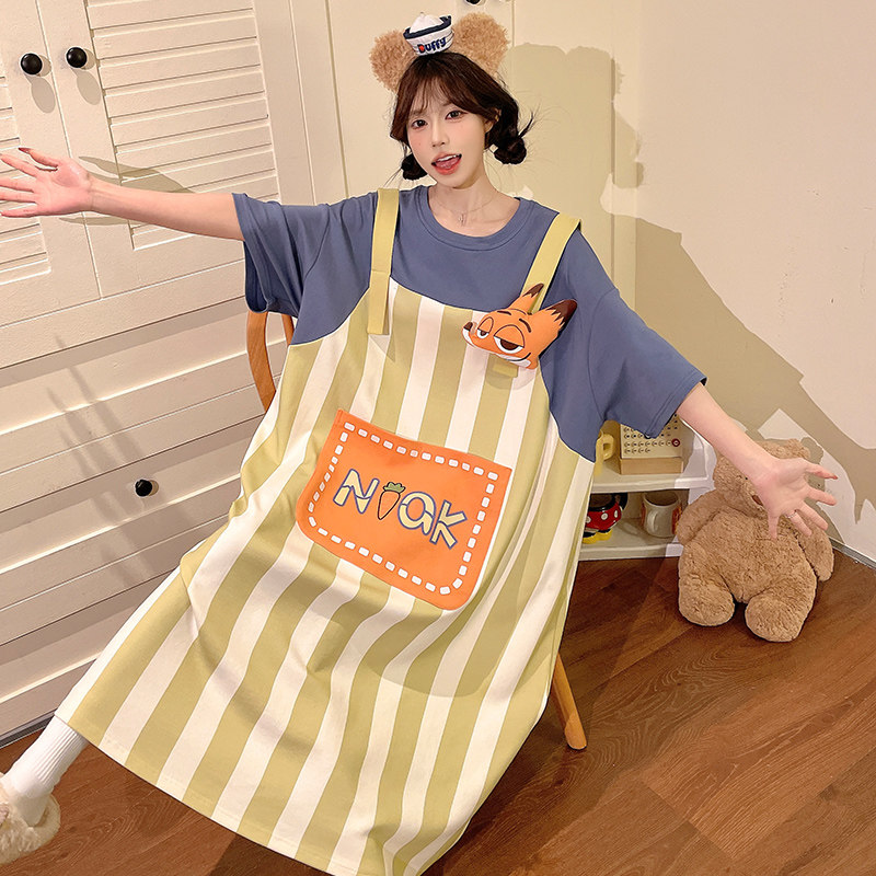 夏季新款短袖睡裙女纯棉蝙蝠袖长睡衣/家居服套装