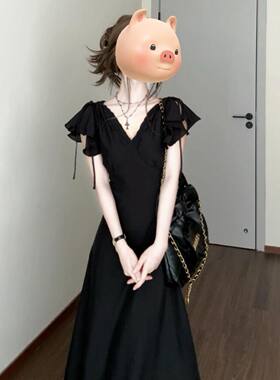 2025夏赫本暗夜法式高阶丝绒质感冷艳气质小个子显高神器V领长裙