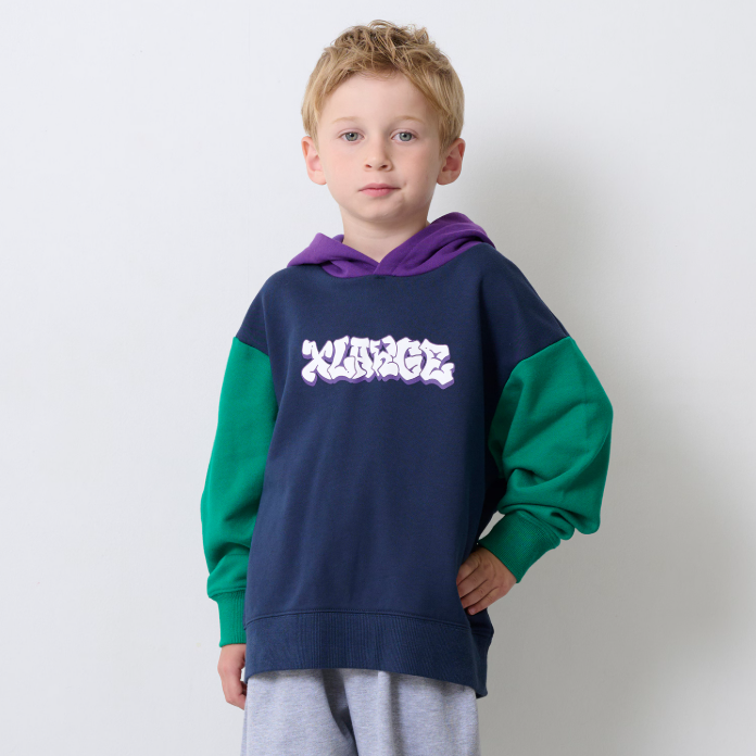 日本代购 童装 X-largeKids 纯棉拼色切换袖大口袋连帽卫衣帽T